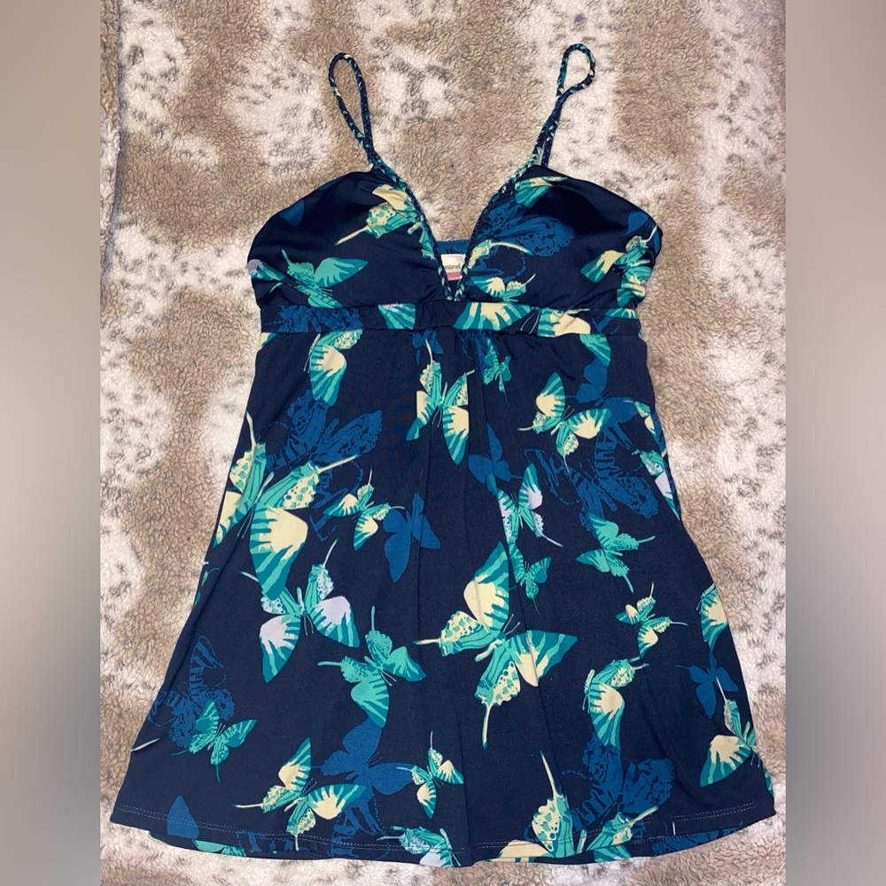 No Boundaries Navy and Green Butterfly Tank Top